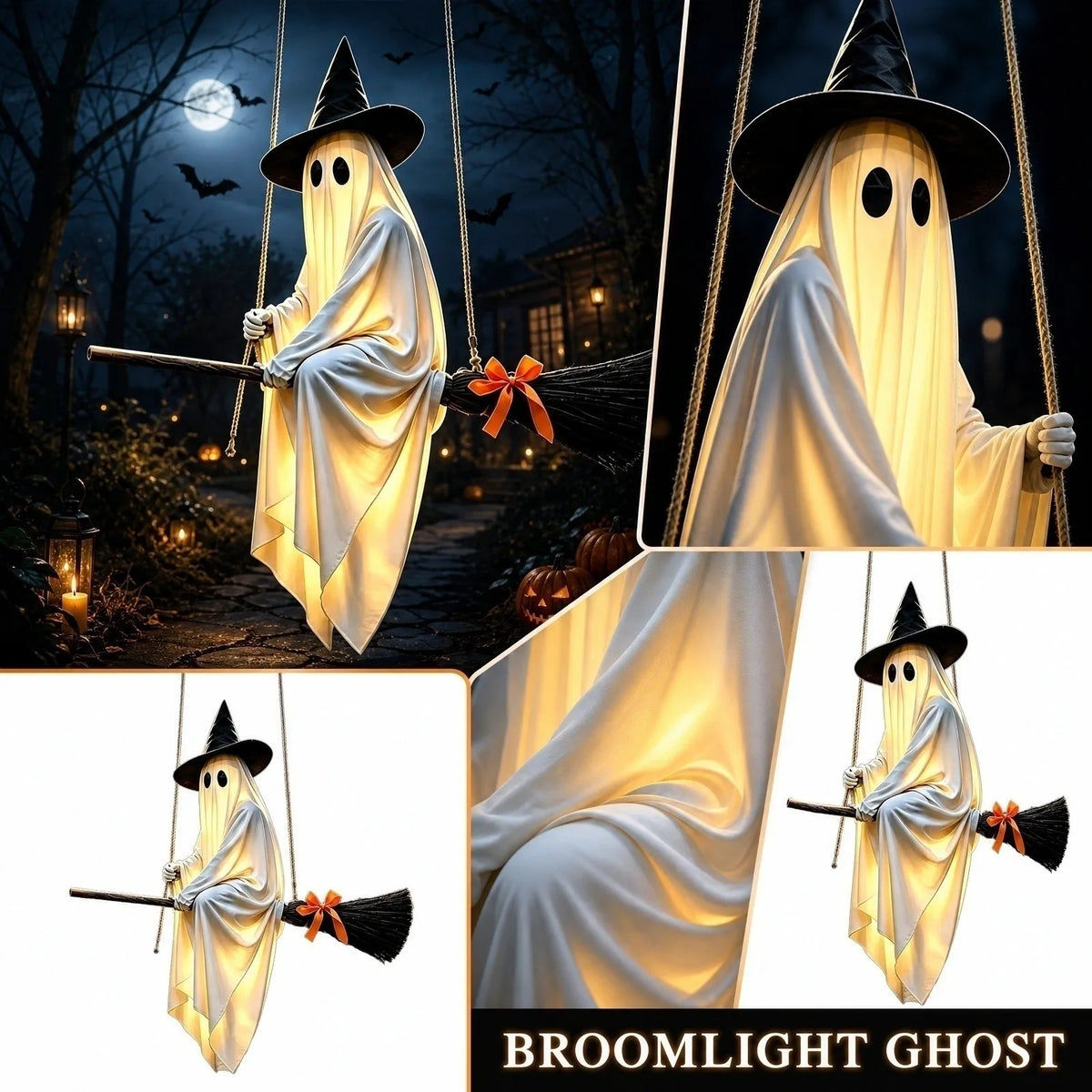 Decoração de Varanda para Halloween: Fantasma Brilhante Balançante com Chapéu de Bruxa e Luz para Jardim