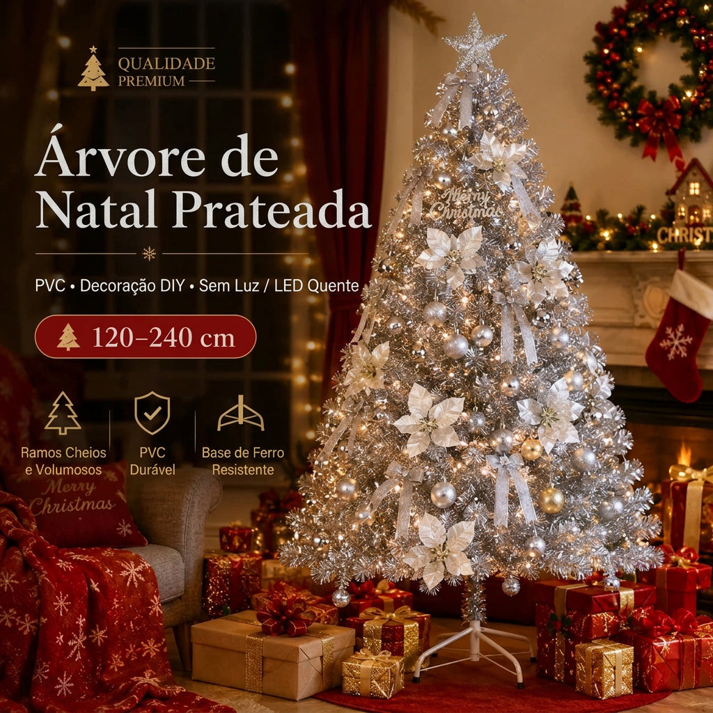 Árvore de Natal Artificial Prateada em PVC 120-240cm de Alta Qualidade com Luzes LED Quentes, Decoração para Festa de Natal em Casa