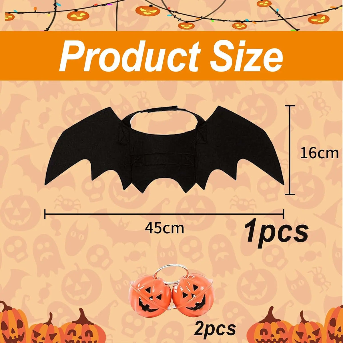 Fantasia de Halloween para Pets: Asas de Morcego para Gatos e Cães com 2 Sinos de Abóbora – Roupa de Cosplay para Gatos e Cães Pequenos – Diversão para Festas e Fantasiar