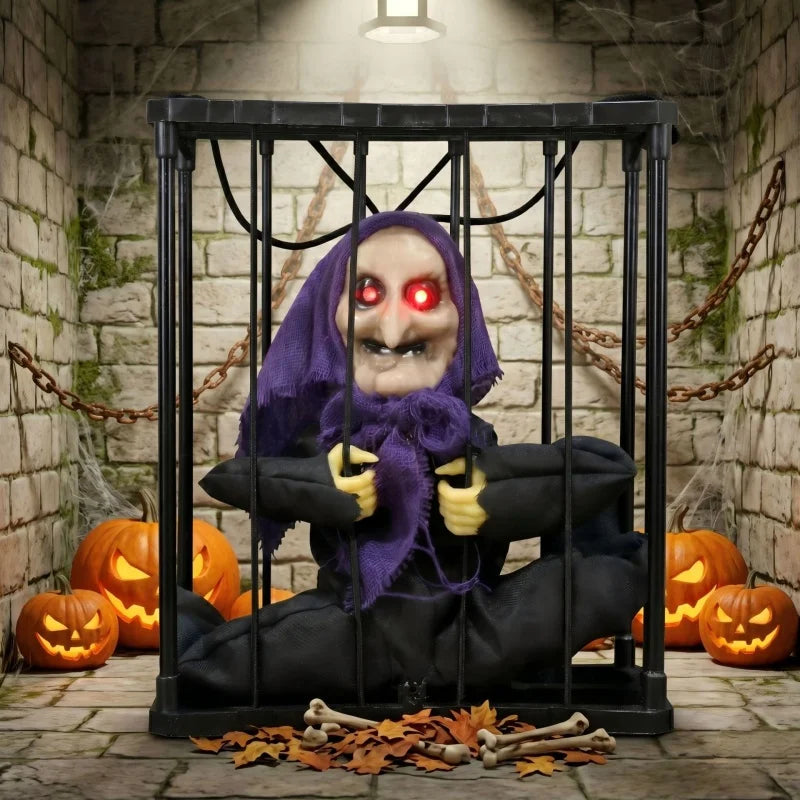 Decoração de Festa de Halloween, Ornamento de Gaiola de Bruxa, Decoração Animada com Olhos Iluminados por Sensor de Movimento, Fantasma Pendurado para Casa Assombrada