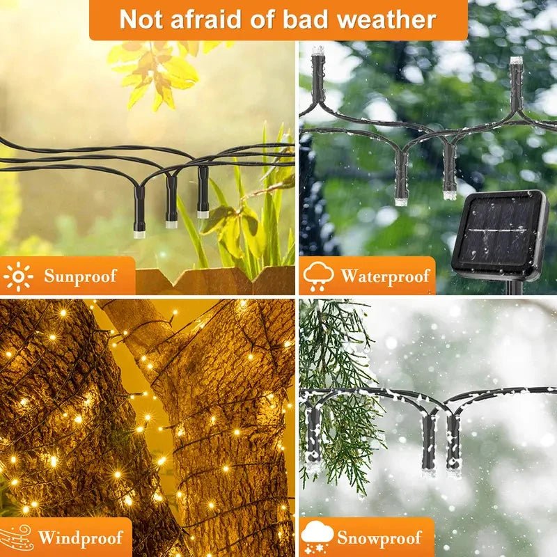 Luzes de fadas externas movidas a energia solar de couro de plástico LED IP65 à prova d'água 8 modos de iluminação para decoração de casamento de Natal