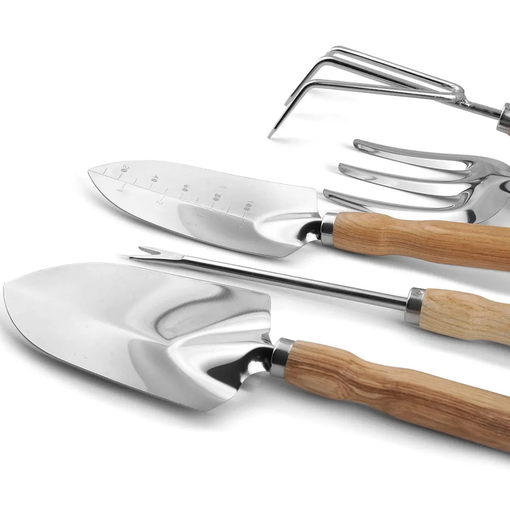 Conjunto Profissional de Ferramentas de Jardinagem com 5 Peças em Aço Inoxidável, Pá Ergonômica para Raízes, Rake para Vasos, Canteiros e Recipientes, Kit para Uso Externo