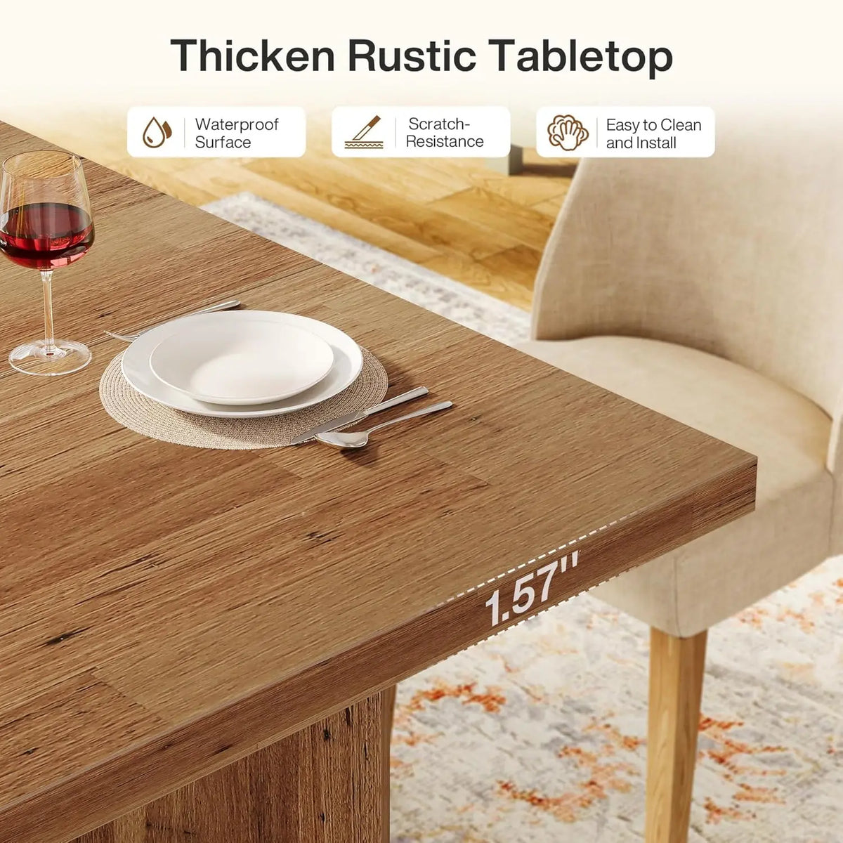 Mesa de Jantar Estilo Fazenda para 4 a 6 Pessoas, Mesa Retangular de Madeira de 63 Polegadas com Tampo Grande e Estrutura Robusta, Personalizada