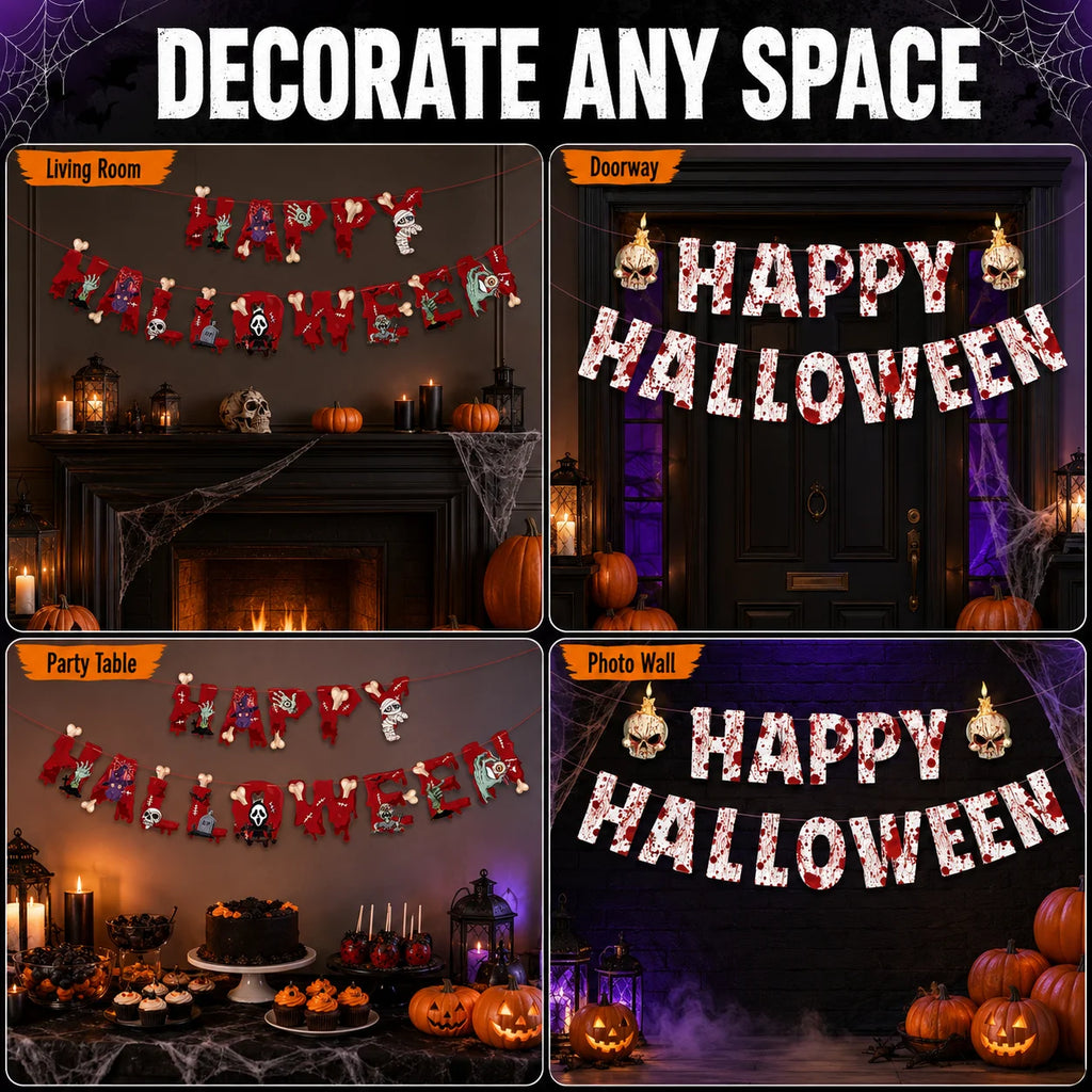 Decorações de Teto para o Halloween: Esqueletos, Múmias, Impressões de Mãos Ensanguentadas, Guirlandas de Morcegos. Decoração de Halloween para Crianças