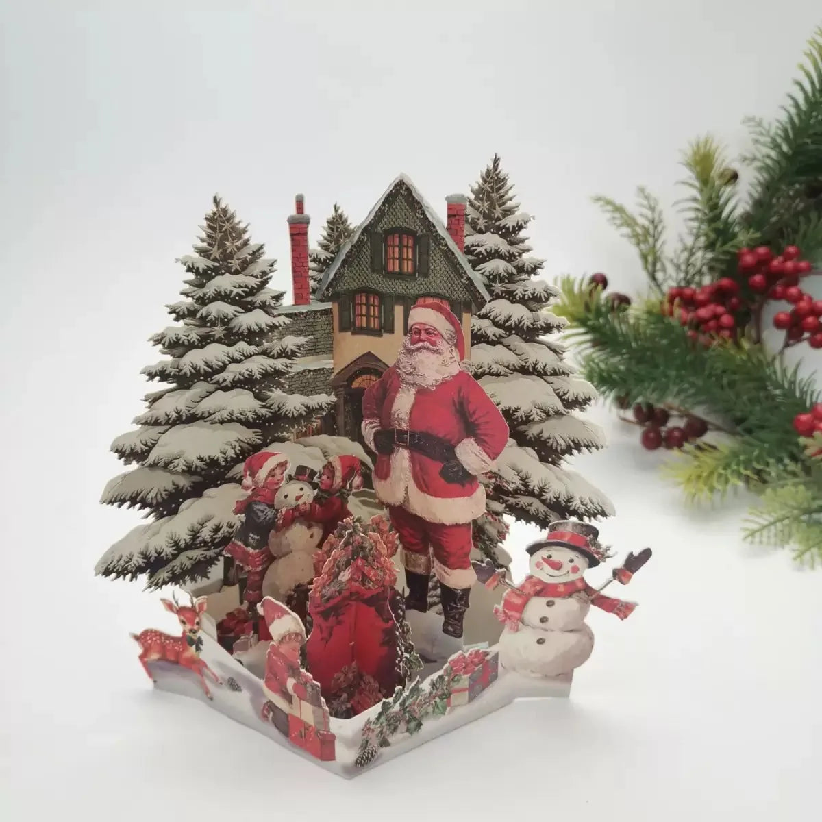 Cartões de Natal com Tema de Árvore de Natal, Papai Noel e Rena, Cartão Pop-Up 3D com Envelope, Suprimentos de Decoração para Festas de Fim de Ano, 1 unidade