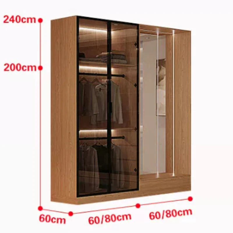 Bedroom Household Solid Wood Sliding Door Wardrobe Glass Double Wardrobes Storage Cabinet Clothes Closet Clothing Home Furniture