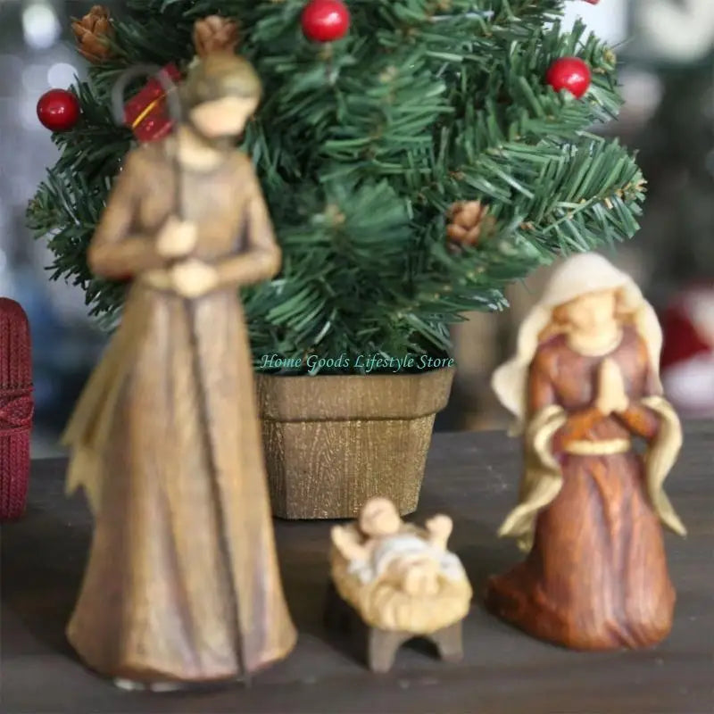 E74e coleção estátua natividade religiosa, lareira estatueta resina, cena natividade para prateleiras