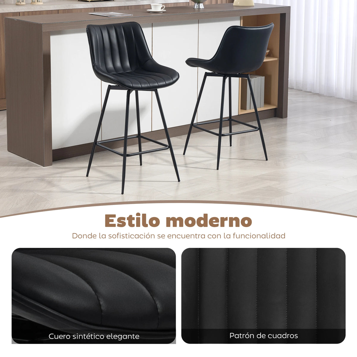 Conjunto Homcom com 2 Banquetas Giratórias, Banquetas Altas para Cozinha com Encosto Curvo e Apoio para os Pés, Estofadas em PU