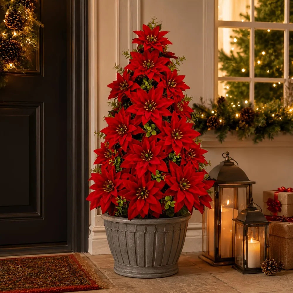 Árvore de Natal artificial com poinsettias e estaca para fixar no chão, ideal para vasos de jardim, canteiros de flores, degraus de entrada