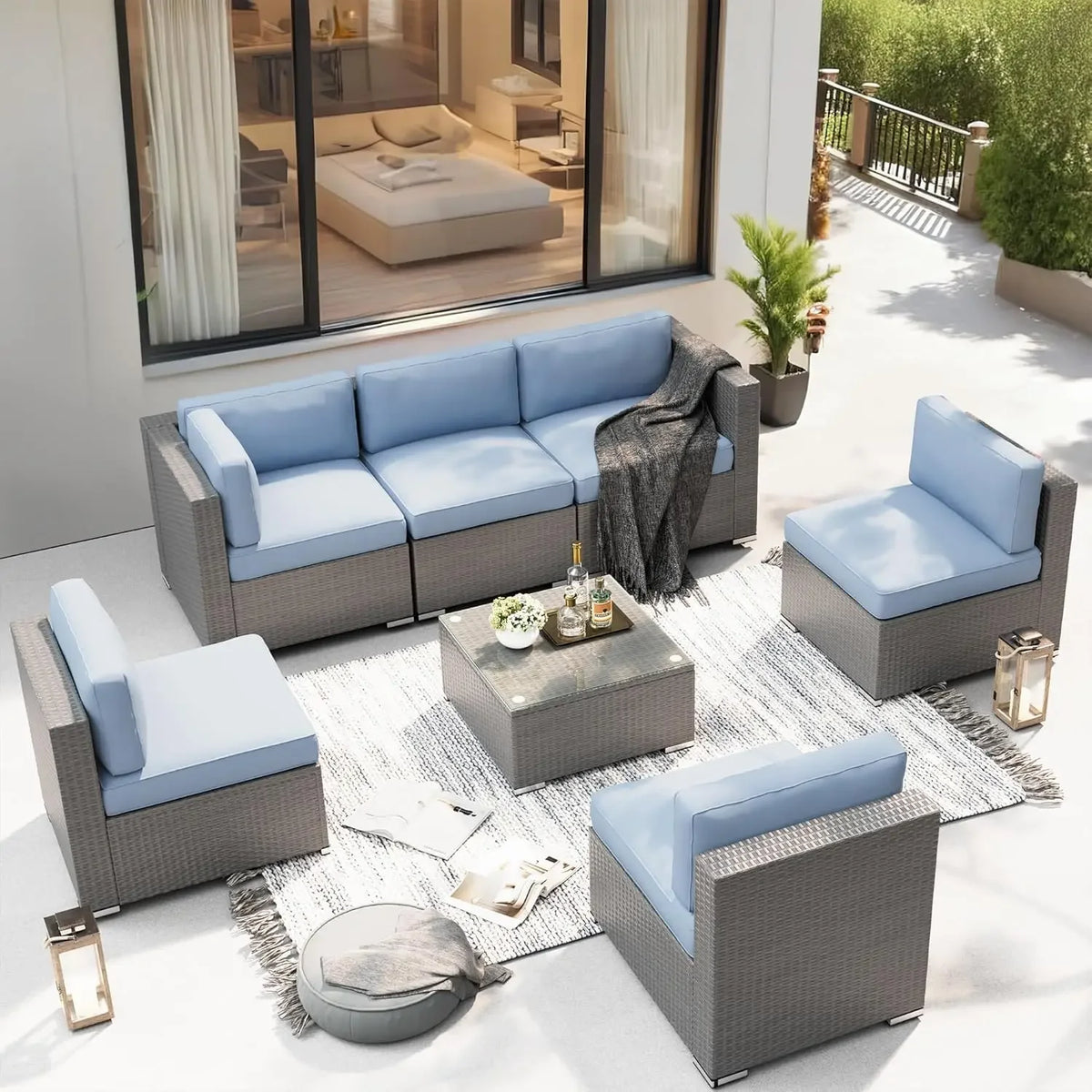 Conjunto de Móveis para Pátio Externo de 7 Peças, Sofá Seccional Cinza de Vime com Mesa de Centro, Personalizável
