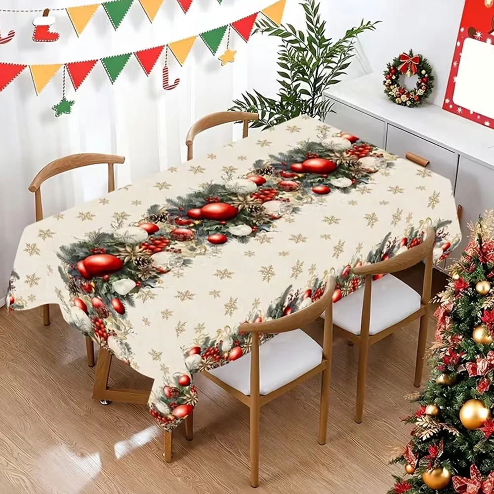 Toalha de Mesa de Natal: Decoração Clássica de Inverno com Estampa de Papai Noel, Floco de Neve e Pinhas – Suprimentos para Cenário Festivo
