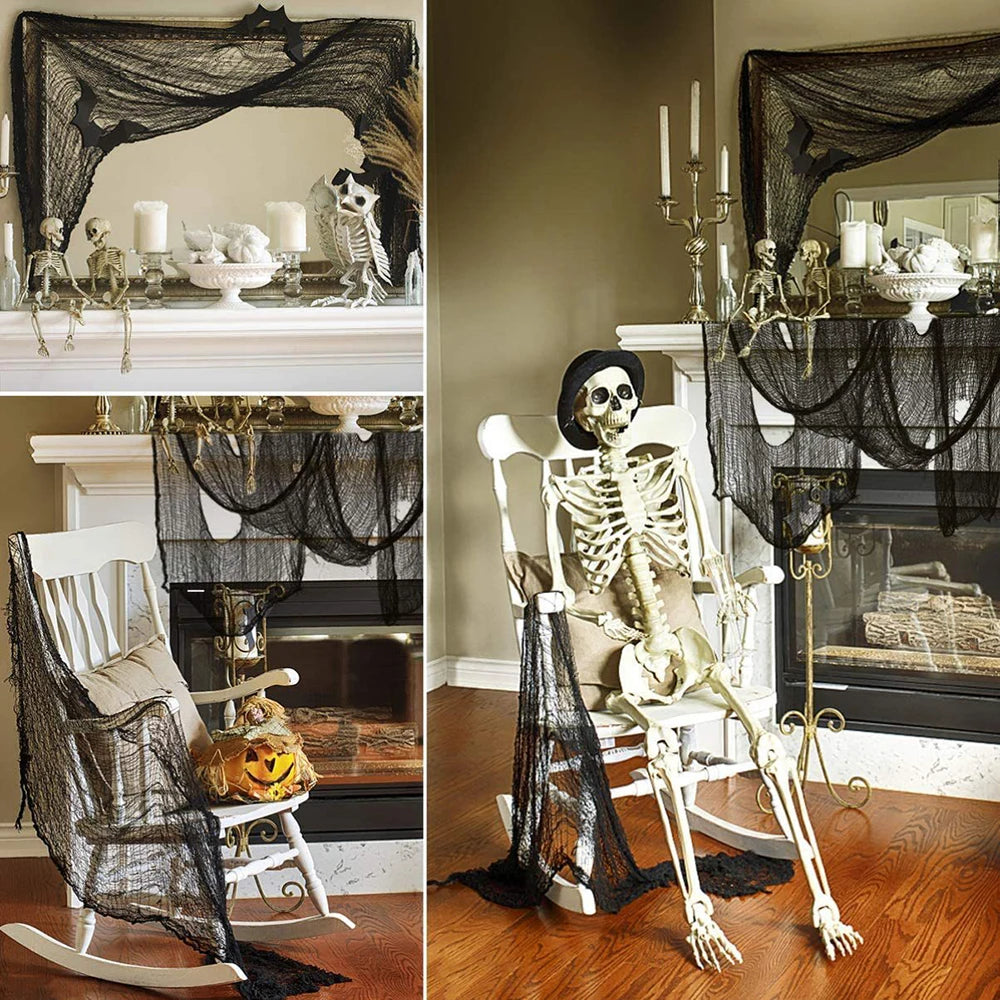 Decoração de halloween de terror, pano de gaze assustador preto de 2m, teia de aranha, decoração de casa gótica preta, decorações de casa assustadoras
