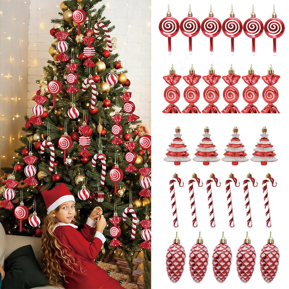 Decorações de doces para árvore de natal, bastão de doces vermelho e dourado, pinhas, decoração de casa de natal 2025, enfeite de árvore de natal