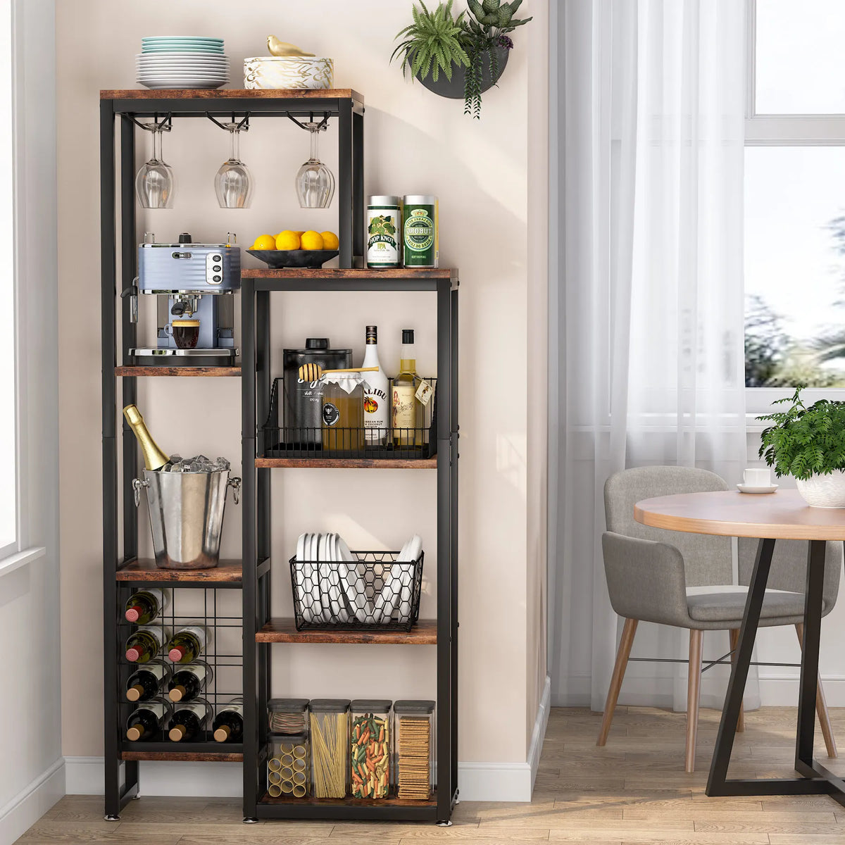 Cremalheira autônoma do vinho do assoalho das tribos com suporte de vidro e armazenamento do vinho, prateleira de exposição industrial do vinho, padeiro Rack, 5-Tier