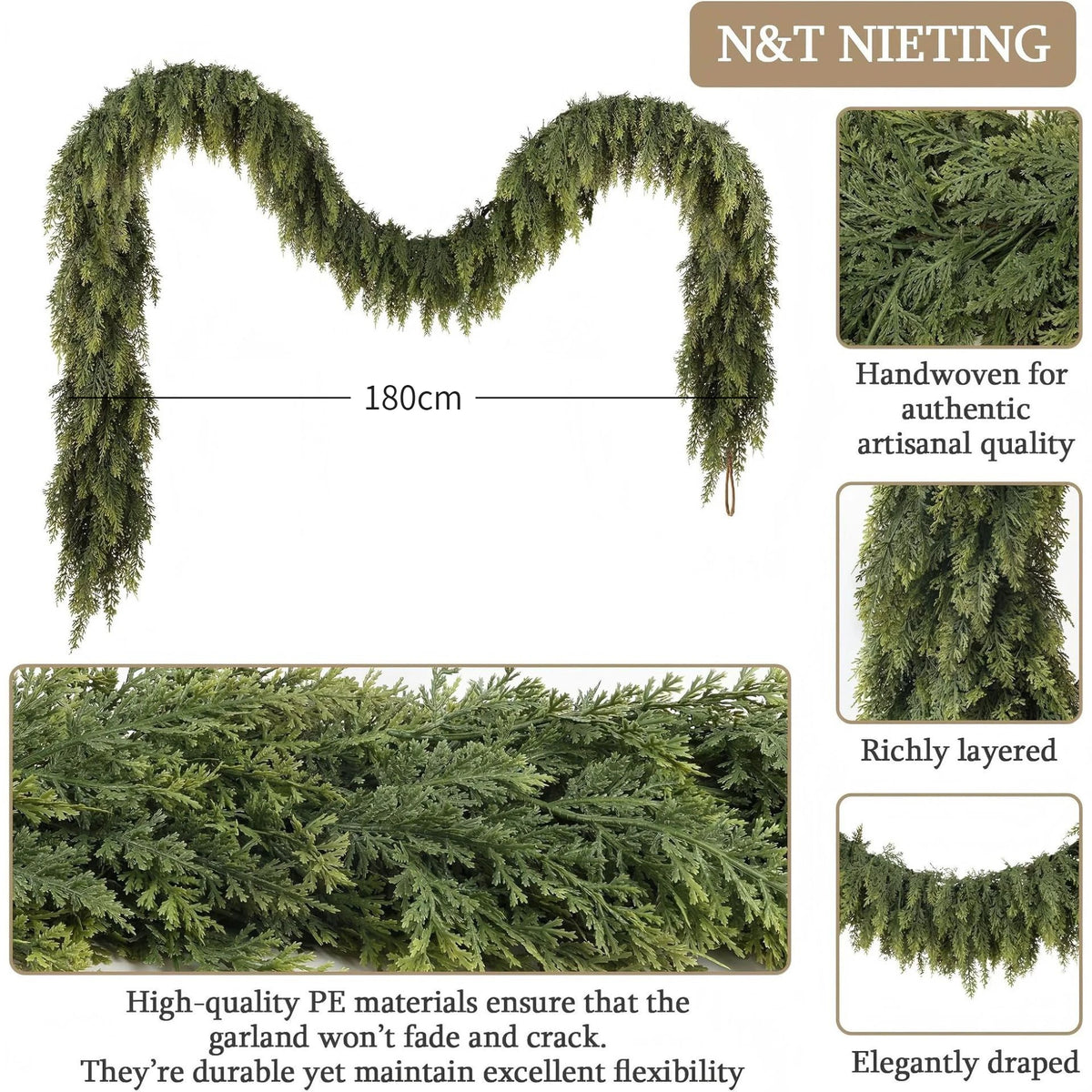 Guirlanda de árvore de Natal artificial com folhas de cipreste e enfeites de pinho para pendurar, ideal para decoração de festas em casa, áreas externas e jardins. Preço acessível.