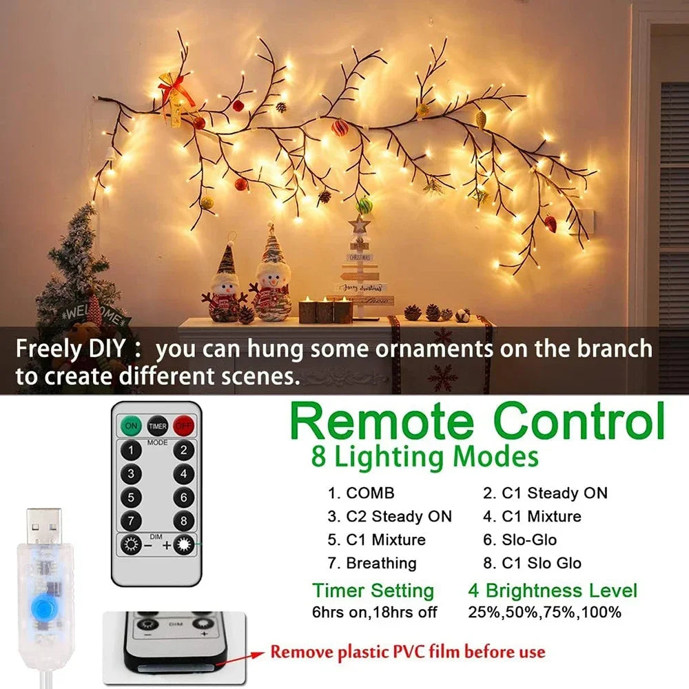 Luzes LED Flexíveis em Formato de Galho de Salgueiro com 96 LEDs, Lâmpada de Árvore de Bétula, 8 Modos de Iluminação para Decoração de Natal e Ação de Graças, Luz de Ambiente