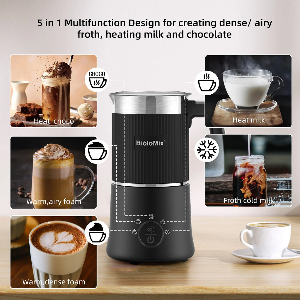 Batedor de leite e vaporizador removível BioloMix, fabricante automático de espuma quente/frio e chocolate quente 5 em 1, seguro para máquina de lavar louça