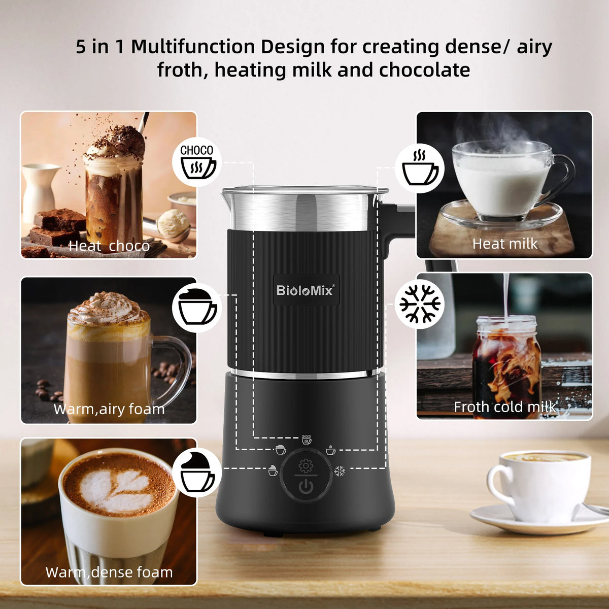 Batedor de leite e vaporizador removível BioloMix, fabricante automático de espuma quente/frio e chocolate quente 5 em 1, seguro para máquina de lavar louça