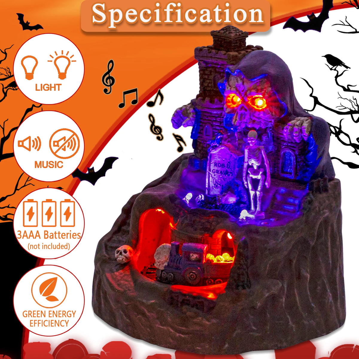 Decoração animada de casa de vila de Halloween com trem em movimento pré-iluminado música crânio fantasmas lápidas estatuetas atmosfera de festa assustadora