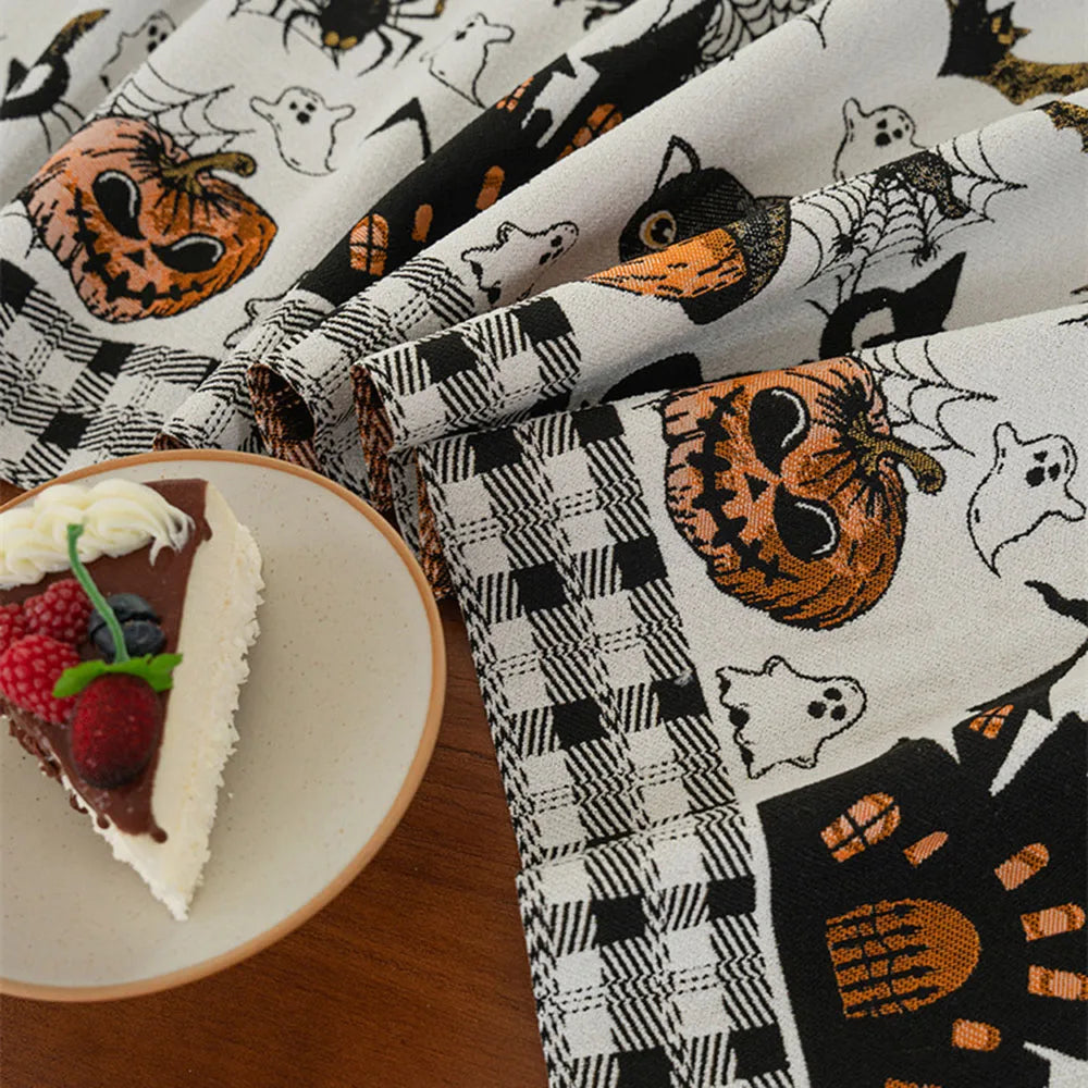 Decoração de Halloween: Caminho de Mesa de Ação de Graças com Abóboras, Toalha de Mesa Jacquard Tingida em Fio com Borda de Borlas, Capa de Mesa, Decoração para Casa