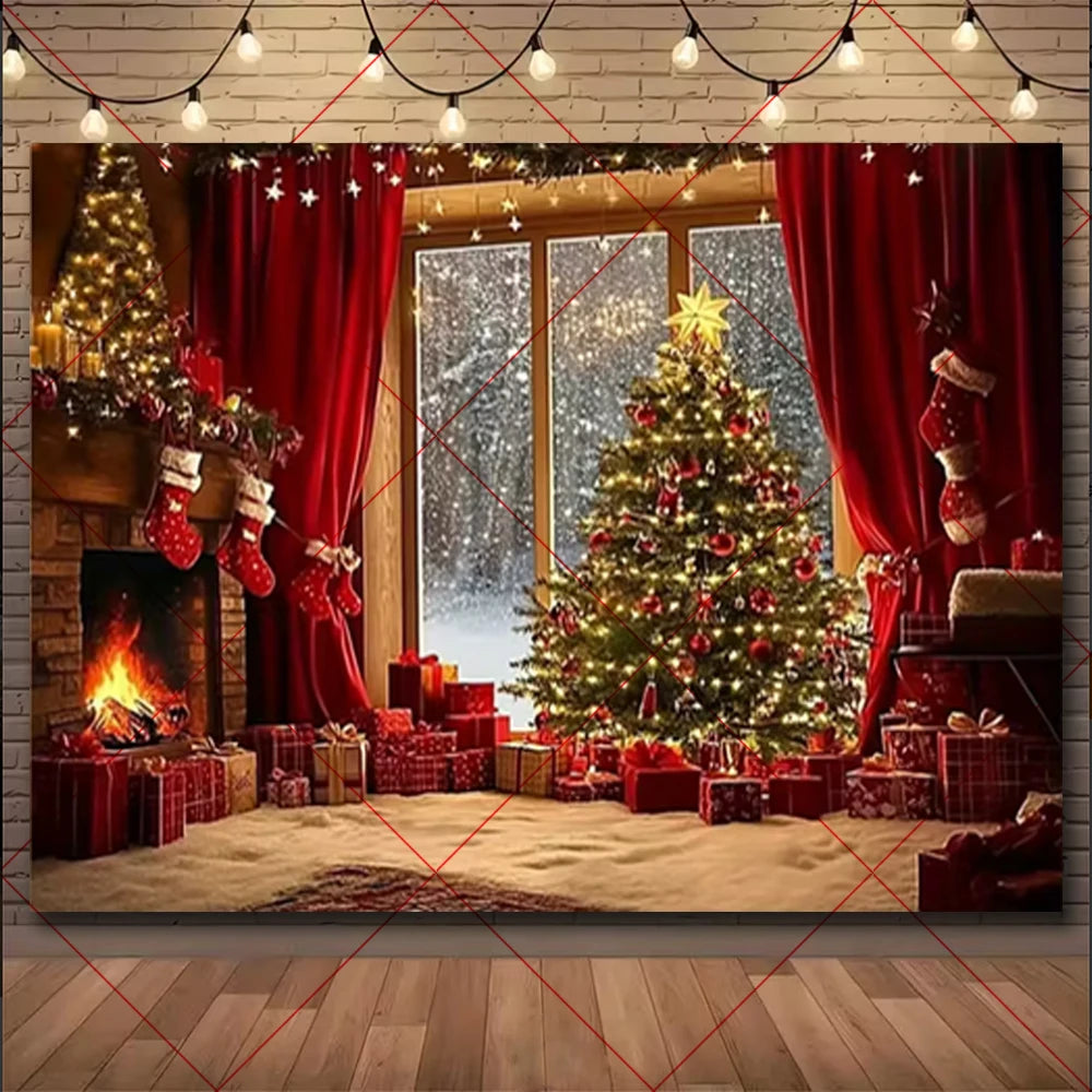 Natal inverno fundo vintage lareira festa decoração crianças photo studio suprimentos árvore de natal lanternas cenário nevado