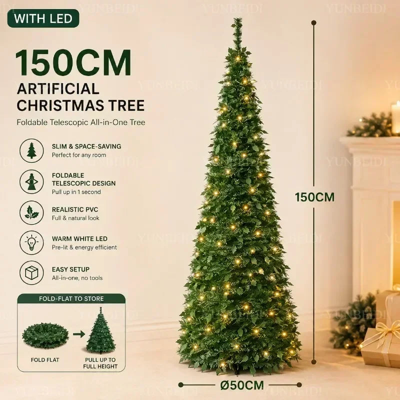 Árvores de Natal Artificiais com Luzes LED Decorativas, Tudo em Um, com Alturas de 1,5m a 2,1m, Decoração de Natal para Casa