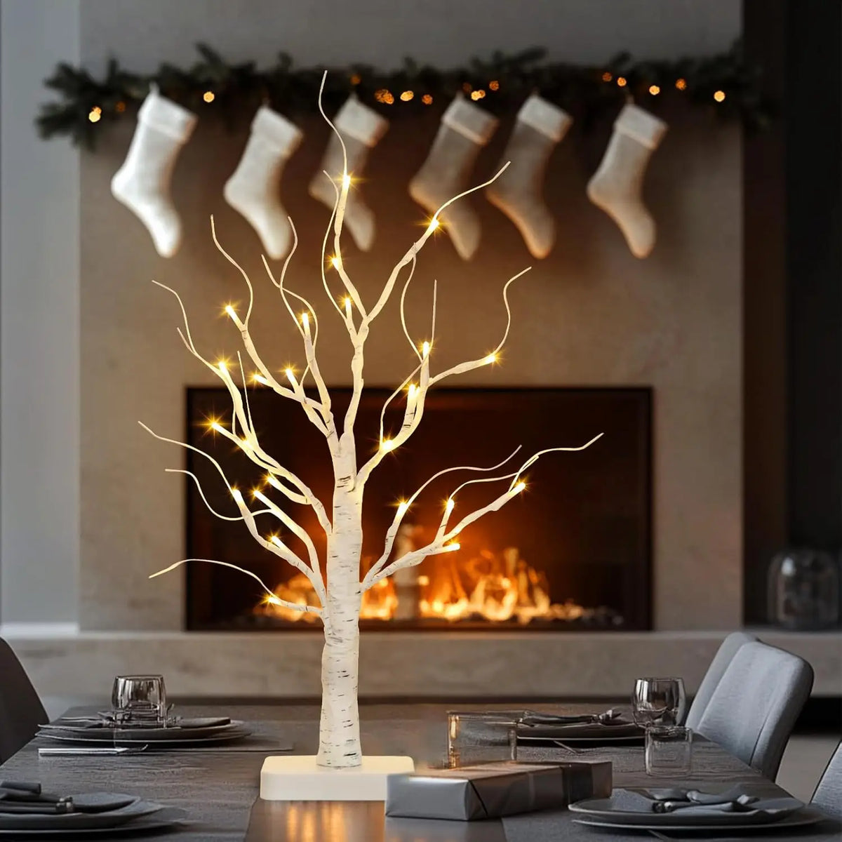 Árvore de bétula iluminada, árvore de natal com 24 LED, peça central de mesa luz de árvore artificial para casa, escritório, quarto, casamento