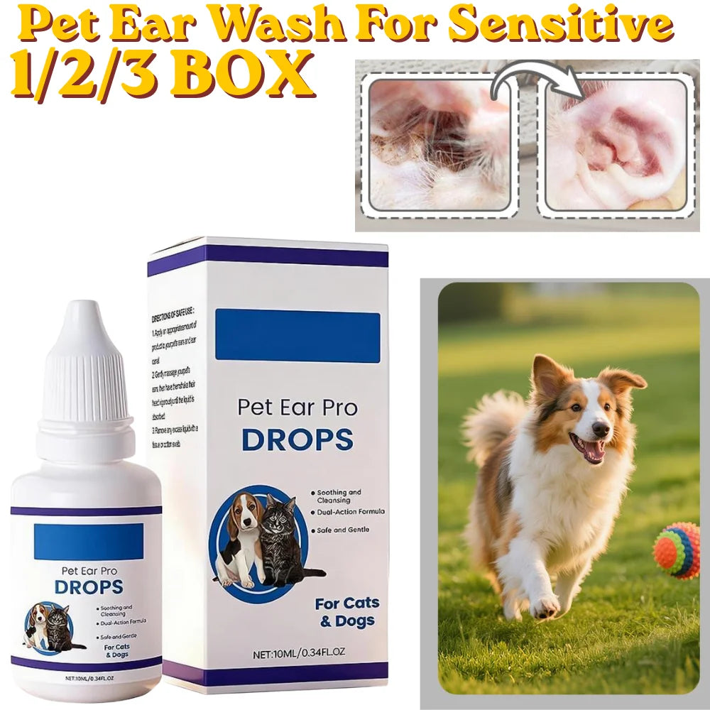 Gotas para Cuidado de Ouvidos de Animais de Estimação para Cães e Gatos Sensíveis, Seguras e Eficazes, 1/2/3 CAIXAS, Aliviam Coceira, Reduzem Odor, Líquido de Limpeza de Cera de Ouvido para Animais de Estimação