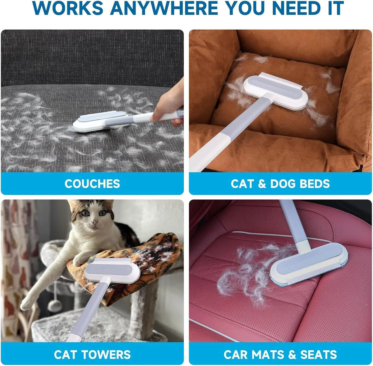 Removedor de Pelos de Animais, Ferramenta Reutilizável Quatro em Um para Remoção de Pelos de Cães e Gatos - Adequado para Sofás, Carpetes e Assentos de Carro