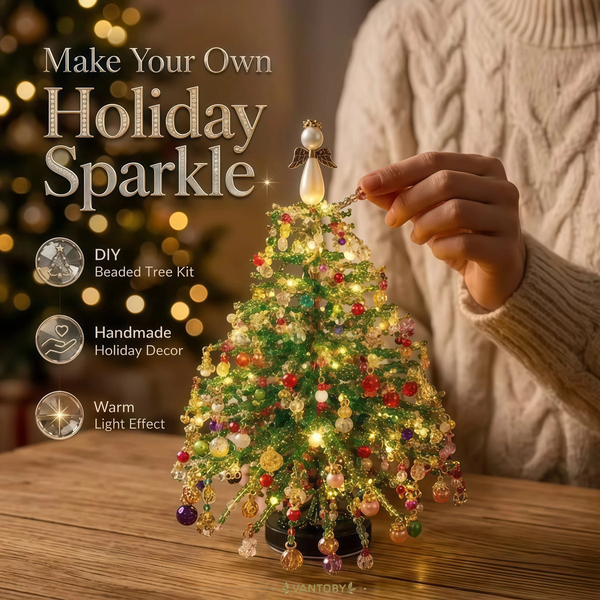 Conjunto de árvore de Natal com contas para montar – contas de cristal feitas à mão, com luzes LED, para decoração natalina em casa, ideal para adultos e crianças, e como presente.