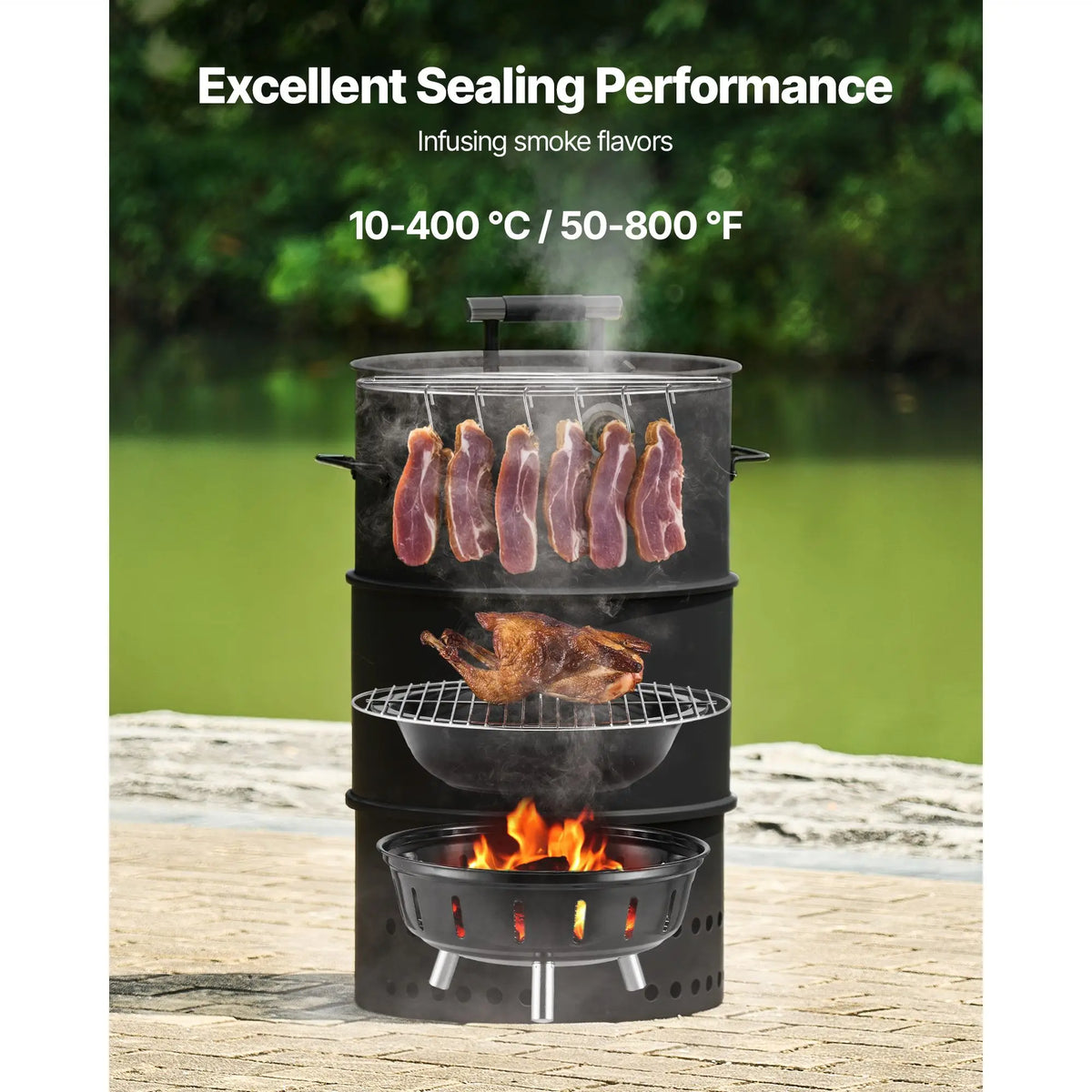 18.5\" Barrel Outdoor Charcoal Smoker Grill Coated Steel BBQ with 2 Grilling Grates and 1 Hanging Feature for Backyards