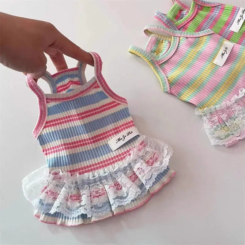 Pet primavera listrado cinta superior cão gato roupas bonito princesa saia pequeno cão teddy colete fino topo filhote de cachorro roupas