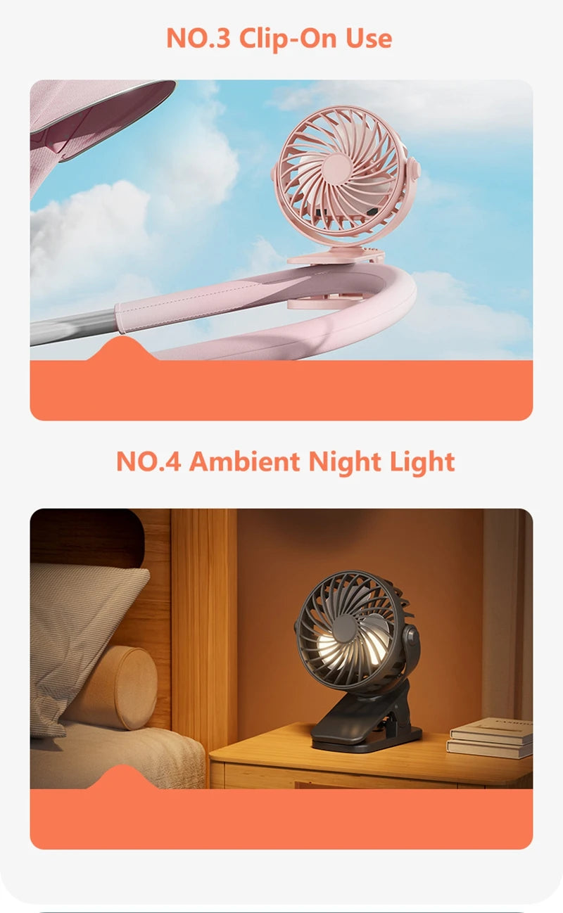 Mini Ventilador Portátil 720 ° Ventilador Portátil Recarregável USB com Lâmpada Noturna Integrada e Rotação, Fluxo de Ar Potente para Viagens, Camping e Atividades ao Ar Livre