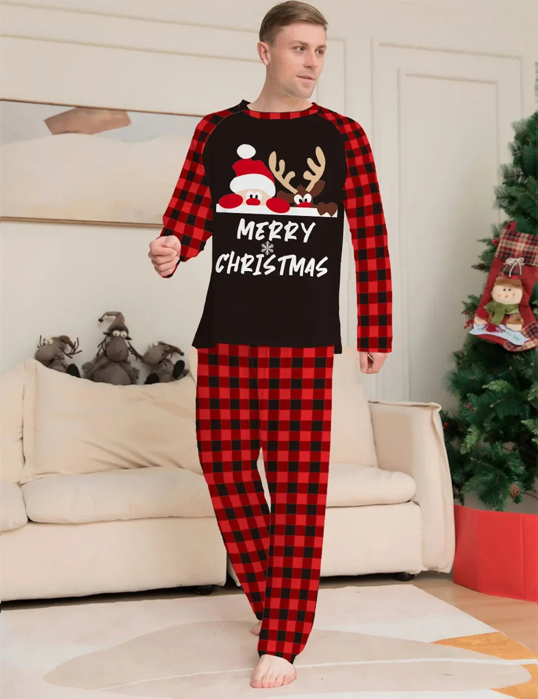 Pijamas de natal família olhar roupas papai noel impressão roupa interior feminina combinando conjunto casual solto sono roupas masculinas