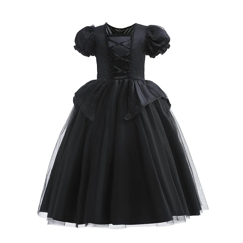 Traje de halloween para crianças vestido de bruxa preta com asas lantejoulas mal rpg traje malévola vestir-se roupa fantasma noiva