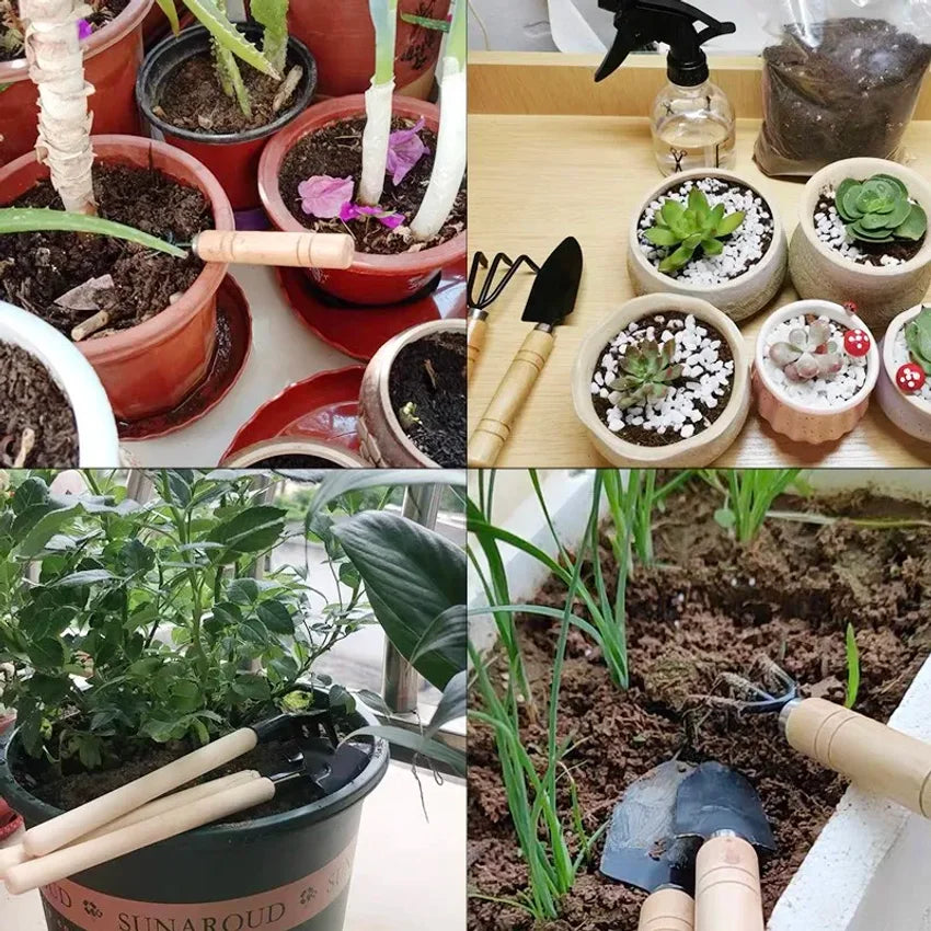 Conjunto de Ferramentas de Jardinagem Mini Portátil 3 Peças/1 Conjunto com Cabos, Pá e Rastelo para Jardinagem Interna e Plantio de Flores
