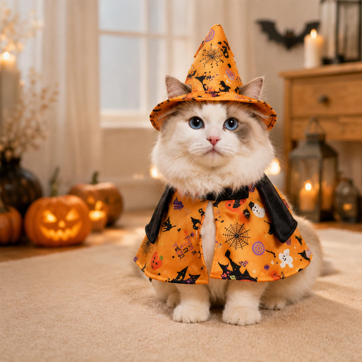 Fantasia de bruxa para Halloween, para gatos e cães de pequeno porte, com chapéu de bruxa e roupa estampada, cordão ajustável e fechos de velcro.