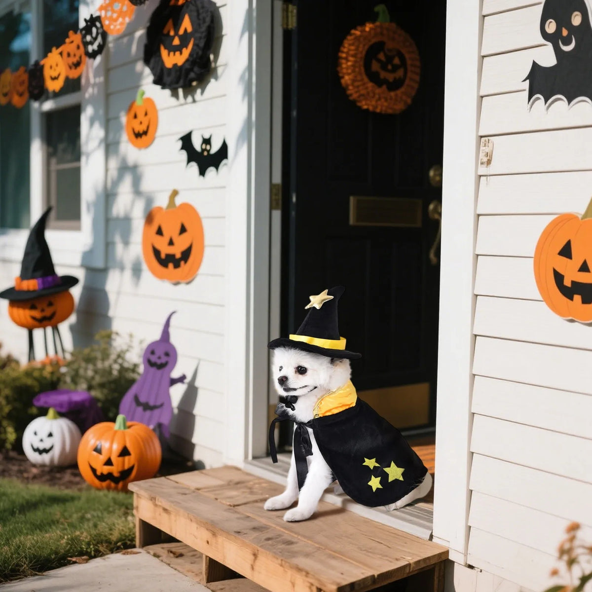 Halloween cão cosplay trajes engraçados roupas para animais de estimação ajustável cães cos conjuntos de capa com chapéu festa novidade vestir-se acessórios