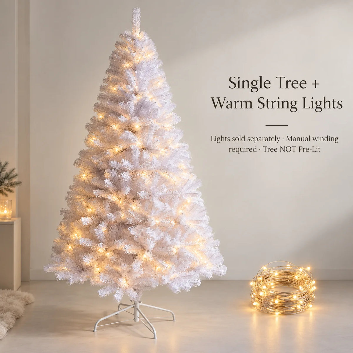 Árvore de Natal artificial branca, totalmente em PVC, 120-240 cm, com ramos densos, suporte de metal opcional, luzes quentes, decoração de Natal para casa.