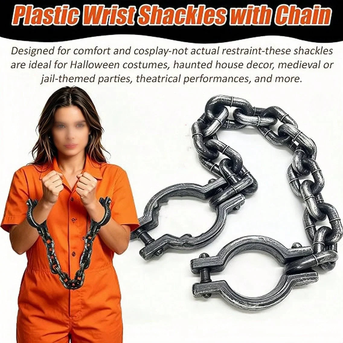 Itens de maquiagem e decoração para festas de Halloween, algemas, correntes de ferro, acessórios de prisioneiro de terror, pulseiras de imitação de plástico, grilhões, correntes.