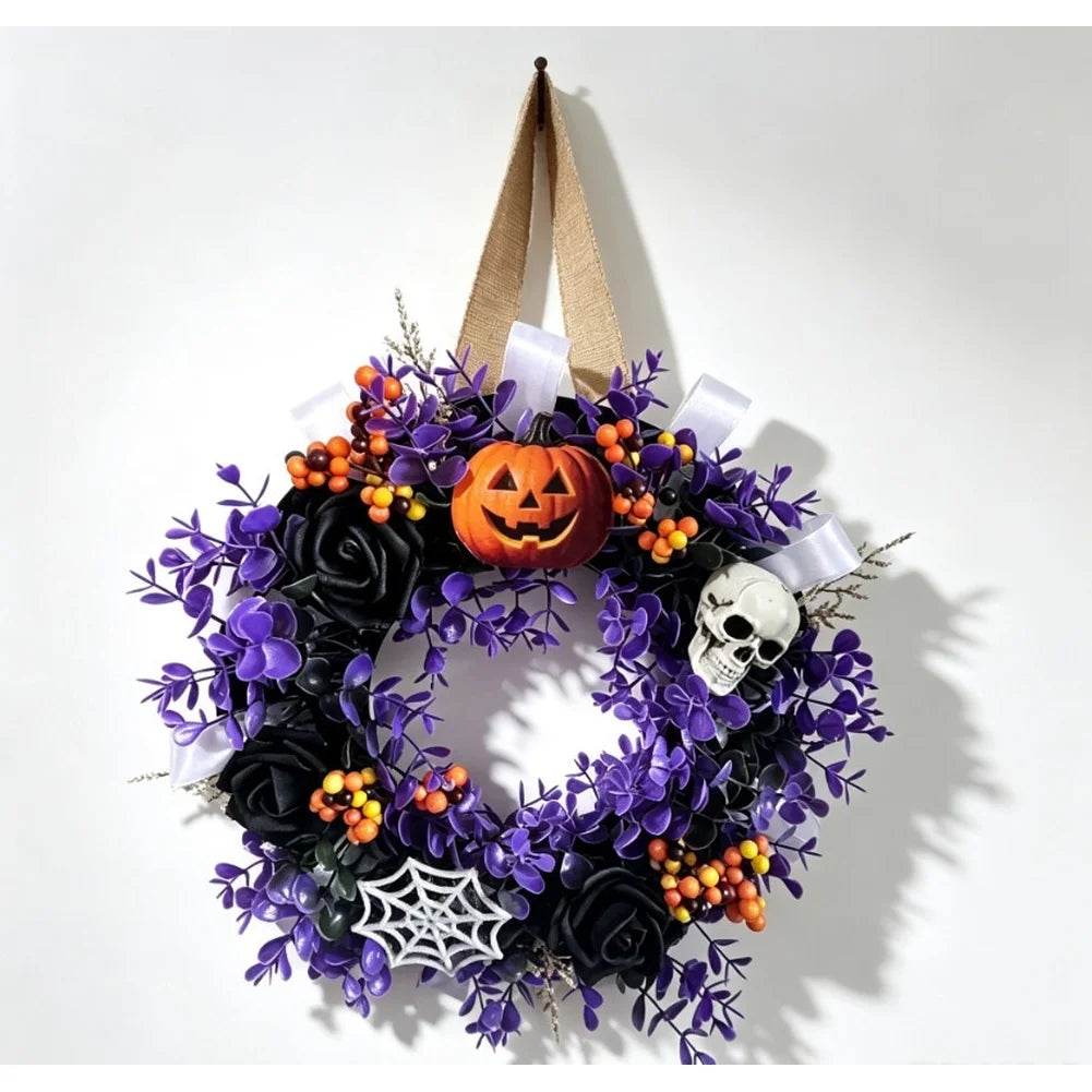 Guirlanda de Flores Artificiais Preta e Roxa para Decoração de Parede e Casa em Festas Temáticas de Halloween, Acessório de Feriado para Pendurar na Porta de Entrada, Interior e Exterior