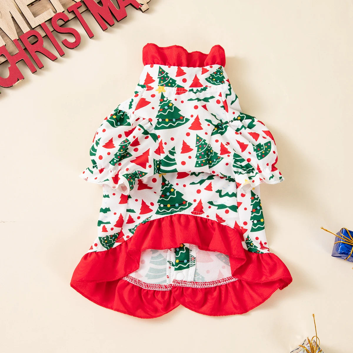 Vestido de Natal para Pets com Estampa de Árvore de Natal, Saia com Babados, Roupa de Festa para Cães e Gatos de Pequeno e Médio Porte, Fantasia Fofa para Pets