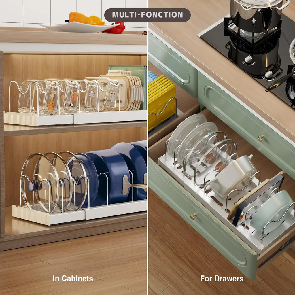 Organizador de Utensílios de Cozinha Expansível com 7 Compartimentos Ajustáveis, Suporte para Panelas, Organizador de Armário
