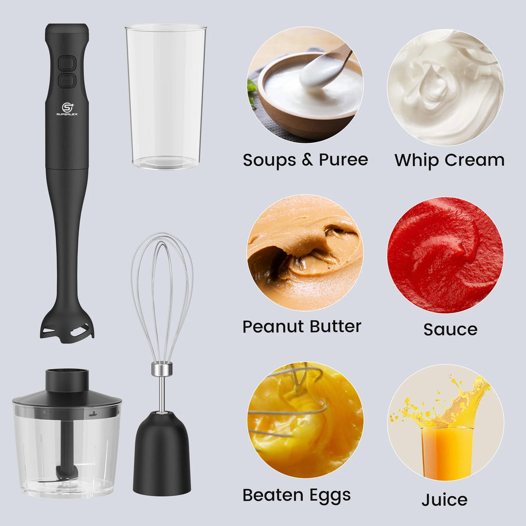 SUPERLEX 350W Mixer de Imersão 4 em 1, Conjunto de Mixer Elétrico Portátil com Batedor, Copo Medidor de 500ml e Picador de 700ml, Controle de 2 Velocidades para Sopas, Smoothies, Papinhas e Carne Moída