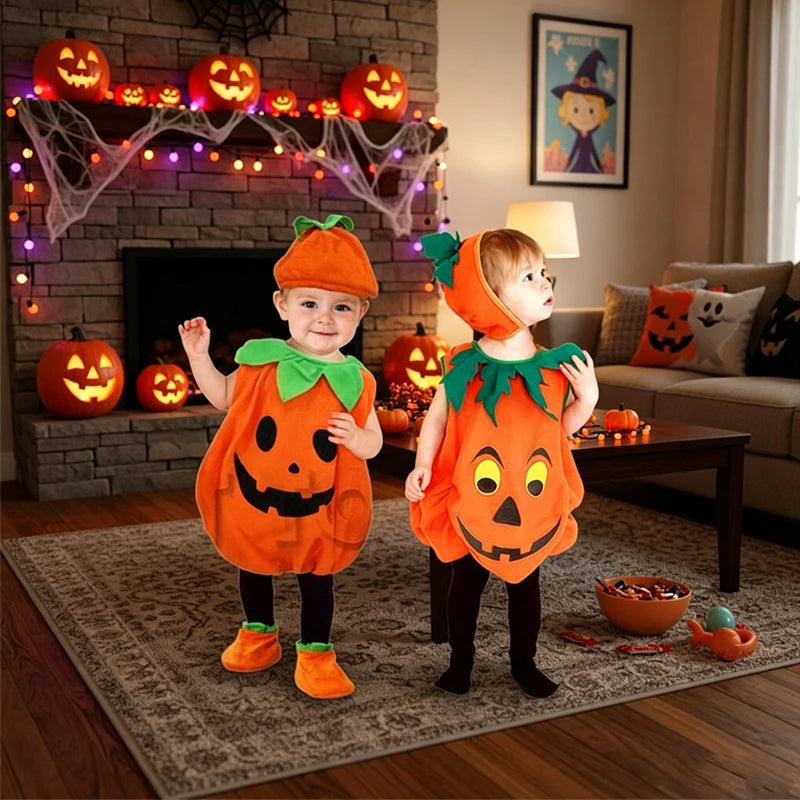 Macacão Infantil 2026 para Meninas e Meninos, Fantasia de Abóbora de Halloween com Chapéu, Cosplay para Apresentação em Palco, Fantasia para Festa de Natal
