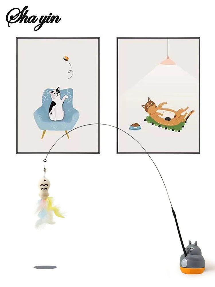 1pc animal de estimação pequeno gato pesca e gato provocando vara rotação de 360 graus com sinos de penas e fio de aço gato provocando vara