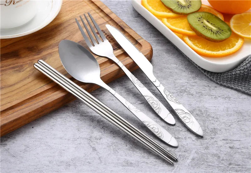7 pçs/set conjunto de talheres de aço inoxidável ao ar livre portátil saco pano faca garfo colher pauzinhos palha flores ricas sete conjuntos