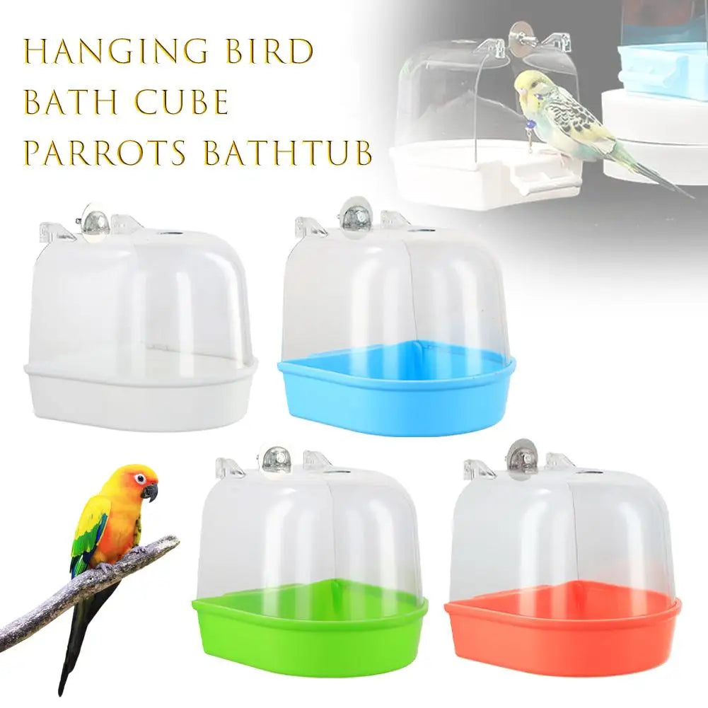 Banho de pássaros para limpeza de gaiola, suprimentos para animais de estimação, calopsita, banheira de pássaros com ganchos pendurados, acrílico transparente, cubo de banho de pássaros