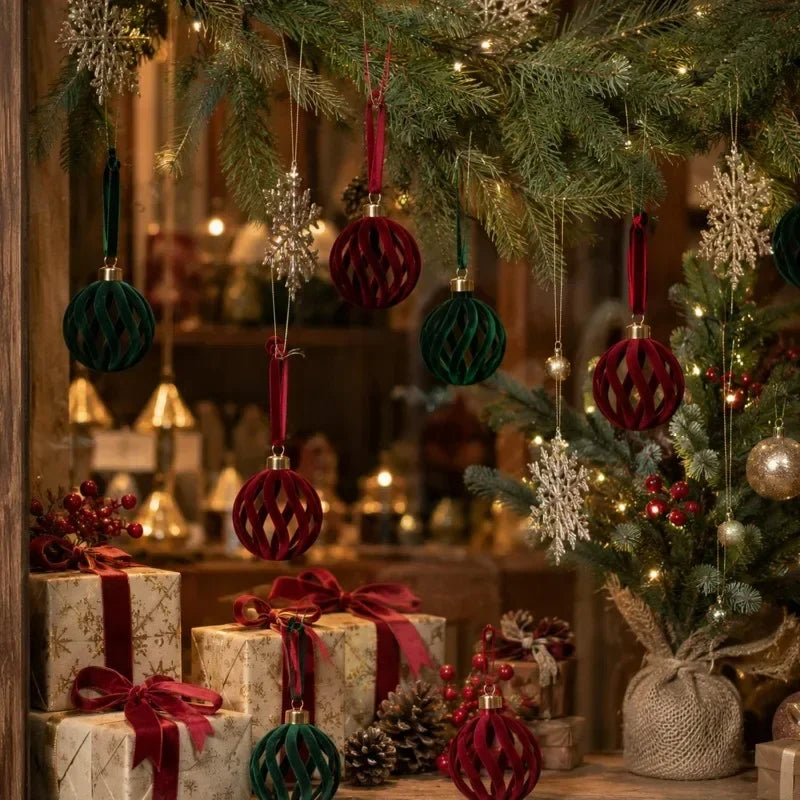 Bolas de Natal de veludo, 6 cm, vermelhas e verdes, com acabamento aveludado, enfeites para árvore de Natal.