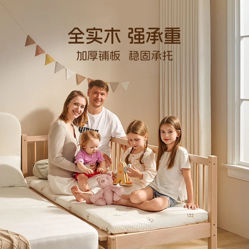 Cama de emenda infantil de madeira maciça personalizável, artefato de emenda largo, bebê plano pode levantar cama de cabeceira